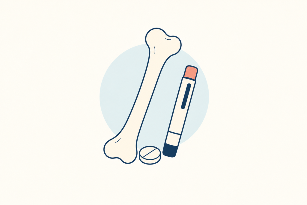 骨のシルエットと錠剤、注射ペンのイラスト